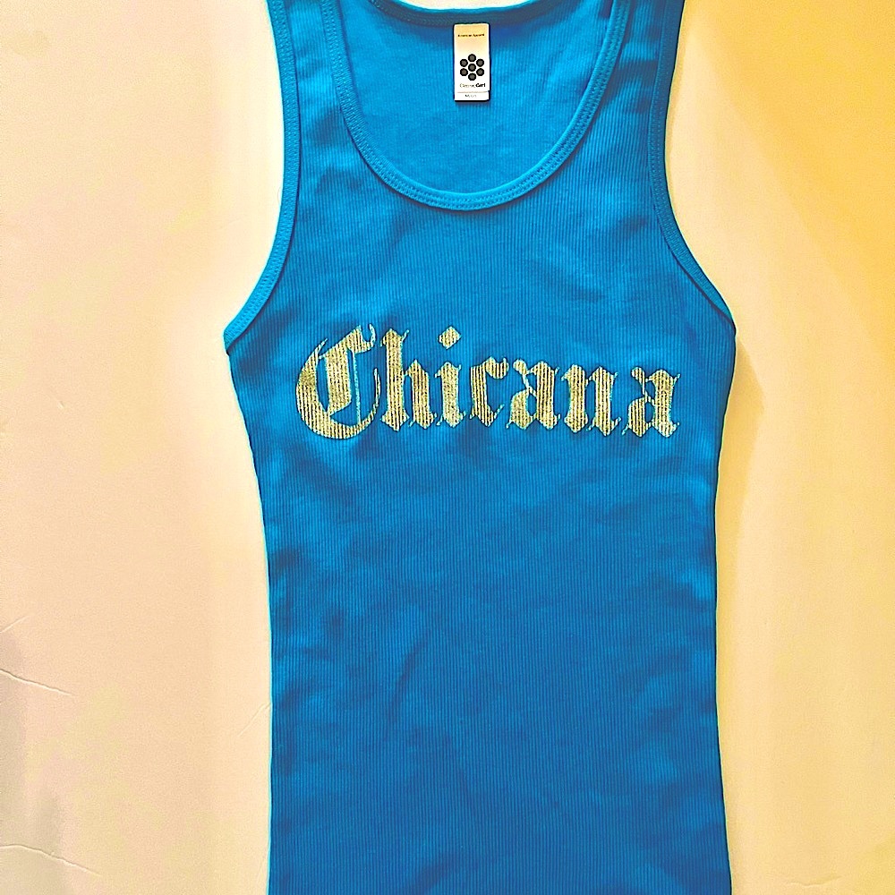 Chicana, Turquoise with Silver  old English letters, brand new with out tags,
